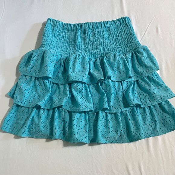 Michael Kors Tiered Ruffle Eyelet Skirt Smocked Waist Blue Medium NWT - Picture 3 of 13
